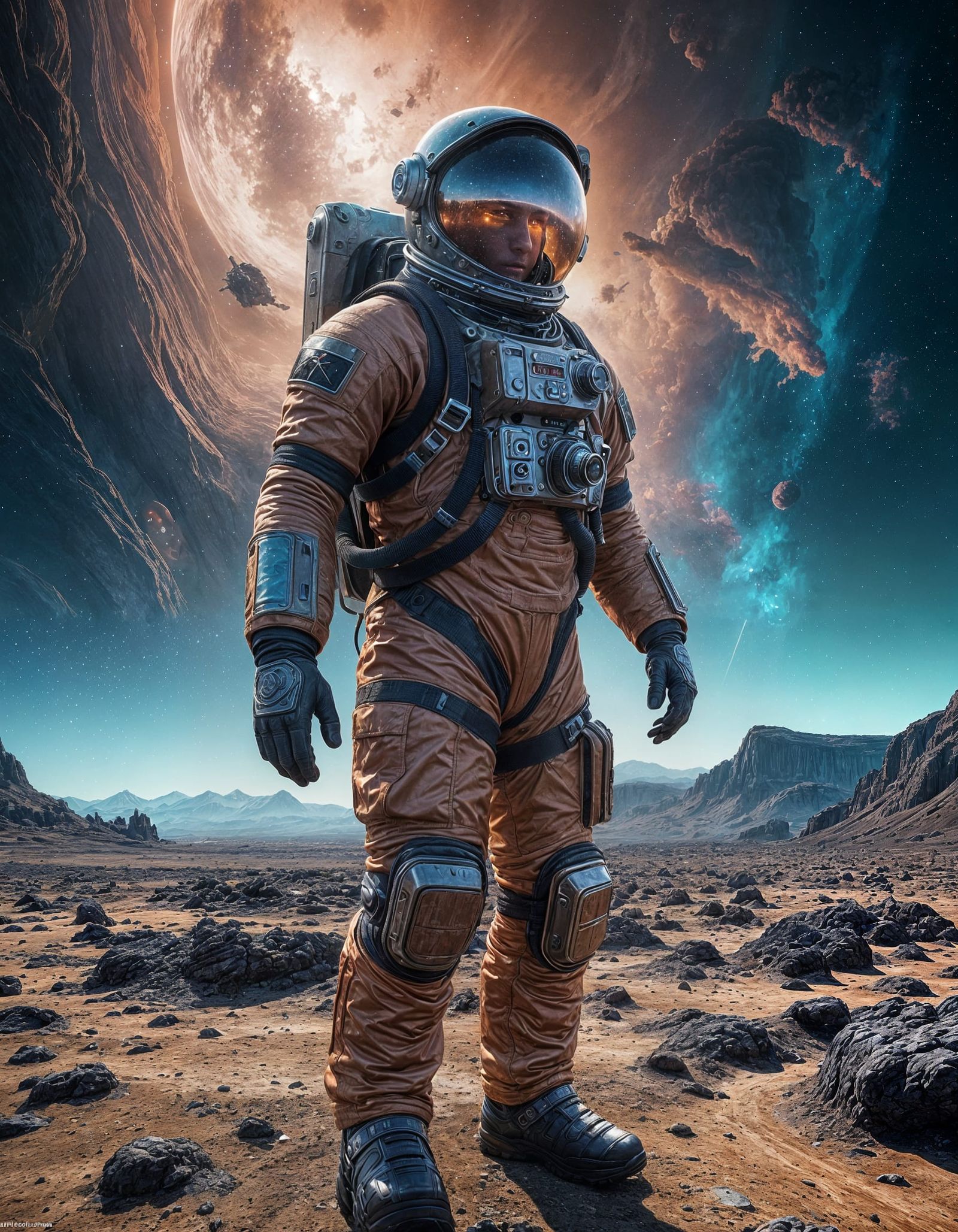 Astronaut on Alien Planet Gazing at Nebula in Cinematic Hype...