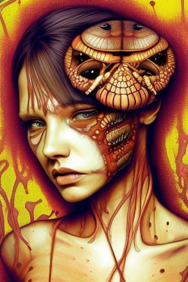 Biopunk girl sepia colors hecha de calaveras, insectos, bichos, flores silvestres, pintura mate meticulosamente detallad...