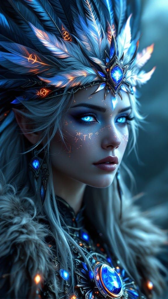 Powerful Priestess in Vibrant Headdress and Ancient Garb