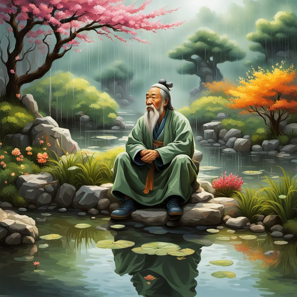 Chinese Sage Contemplating Rain in Spring Garden