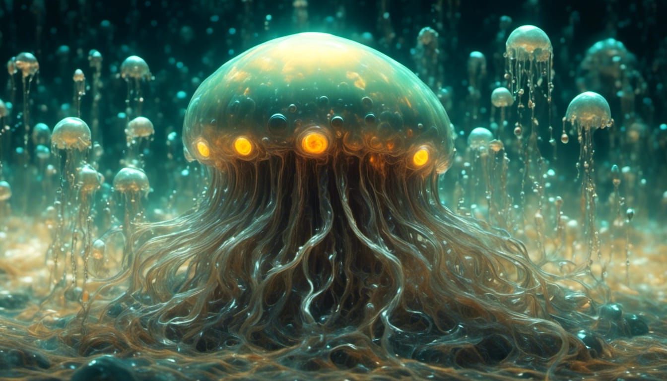 <lora:Sun0fKor:1.0> <lora:Cute monsters:1.0> glowing transluscent medusae with hundreds of eyes floating over jupiter