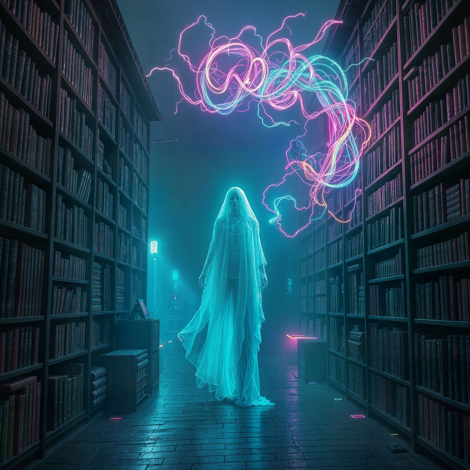 Ghost in Library with Pastel Rainbow Colors