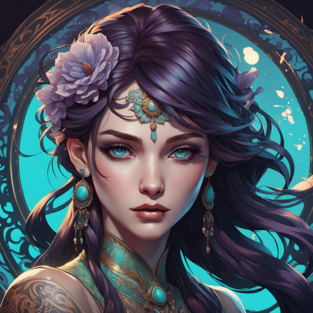 Portrait of a Woman with Purple Hair and Turquoise Eyes