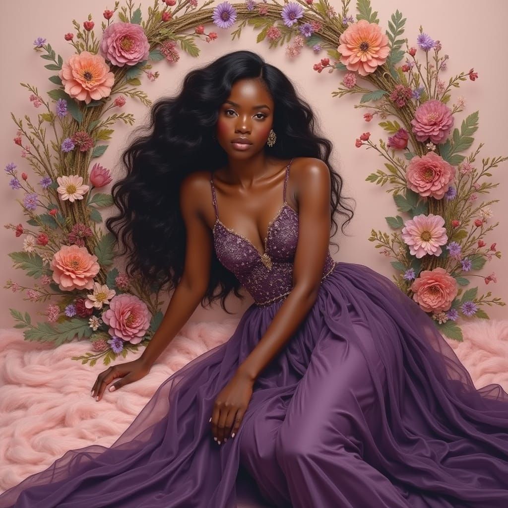 Romantic Woman in Deep Purple Evening Gown, Surrounded by Wi...