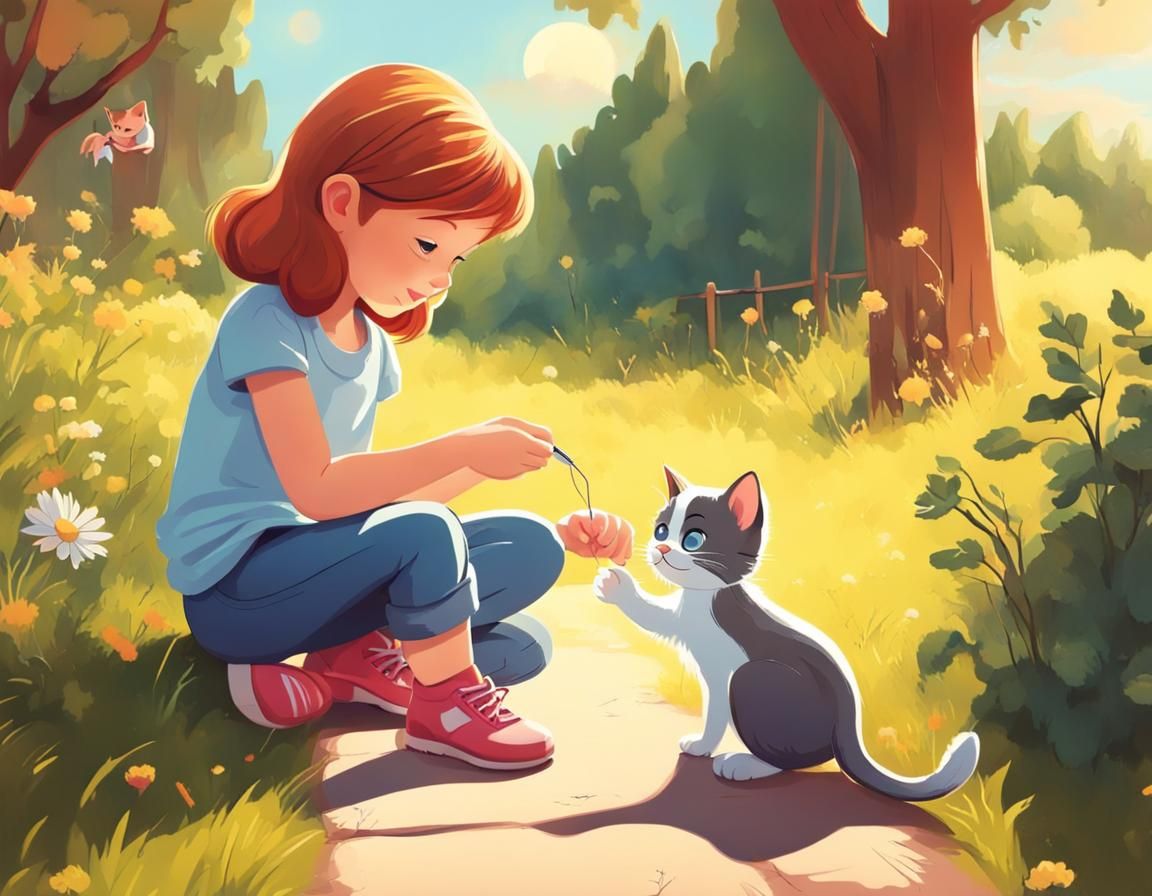 Girl Feeding Kitten in Sunny Disney Cartoon