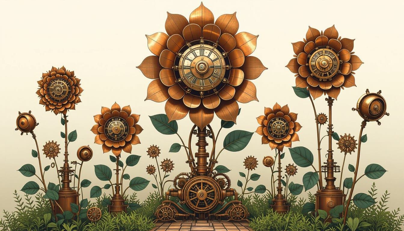 Clockwork Garden With Mechanical Flowers in Steampunk Style