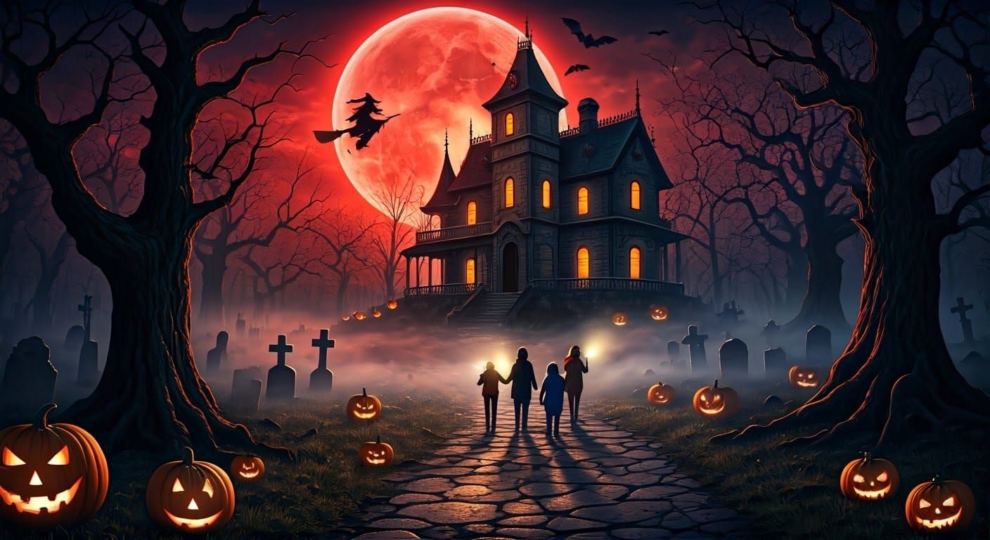 Haunted Mansion with Jack-o'-Lanterns and Eerie Mist