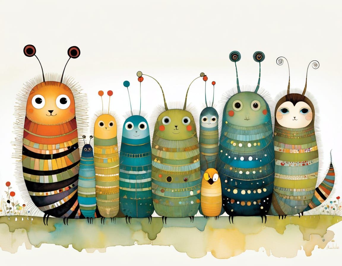 Whimsical Caterpillar Illustration in Triadic Color Scheme