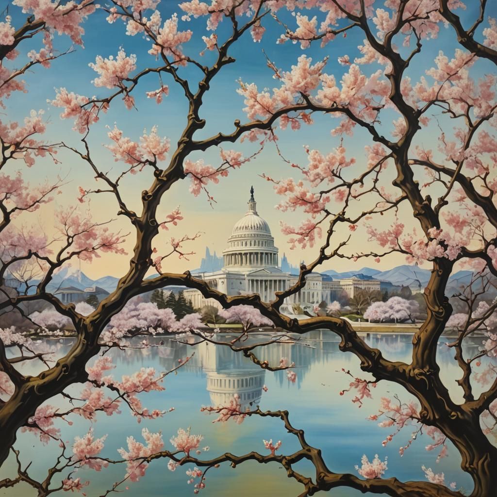 D.C. Cherry Blossoms in Surrealist Melting Oil Style