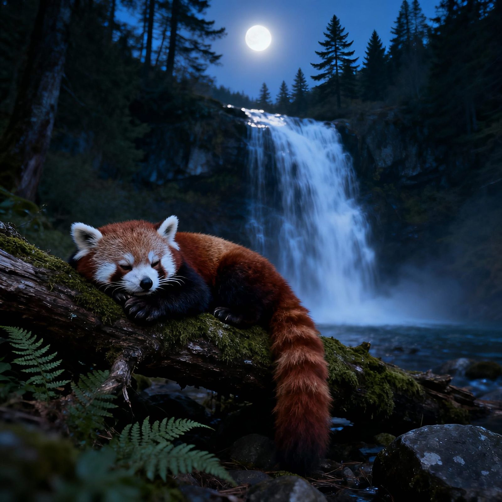 Red Panda Rests by Moonlit Waterfall
