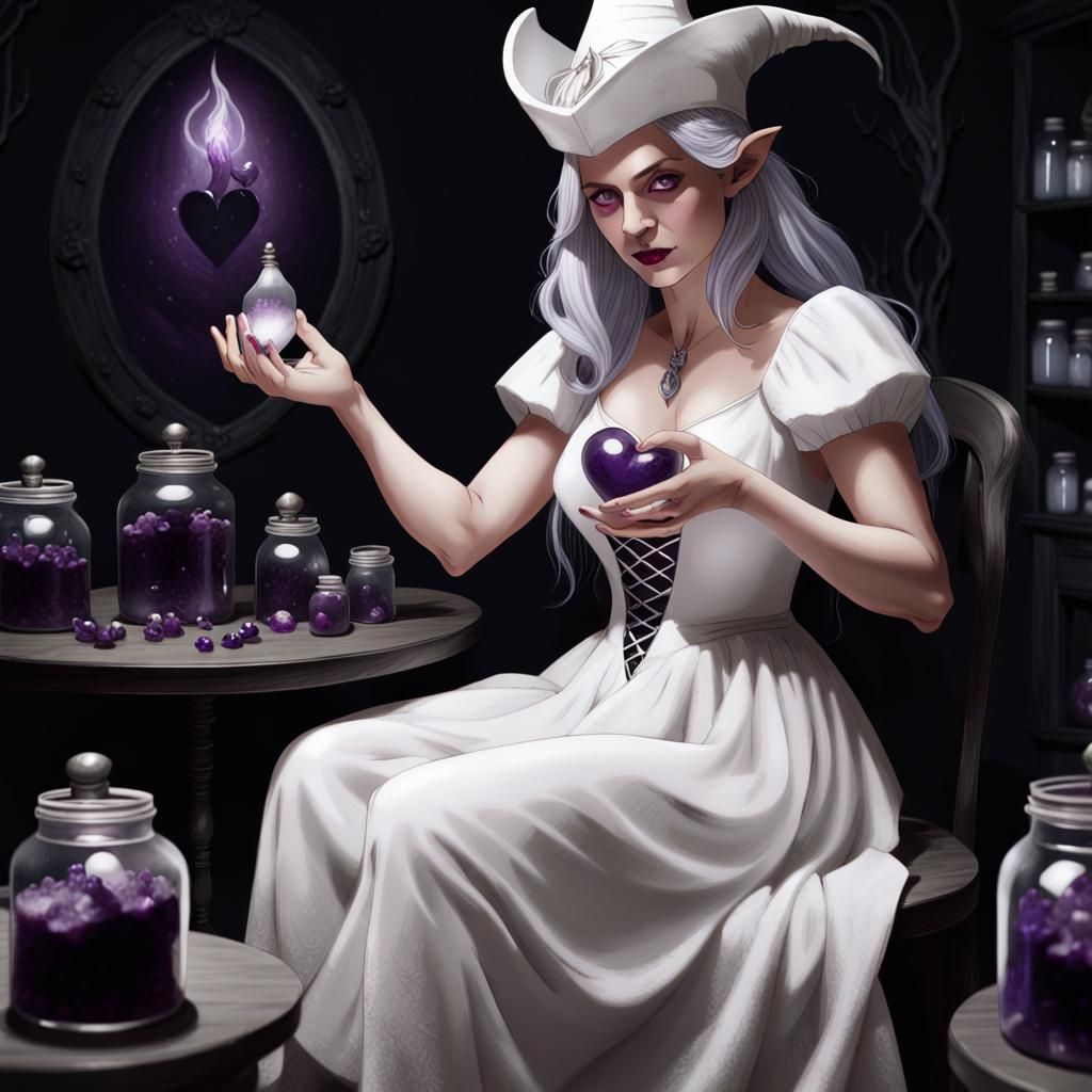 Sinister White Witch with Jars of Blood and Heart