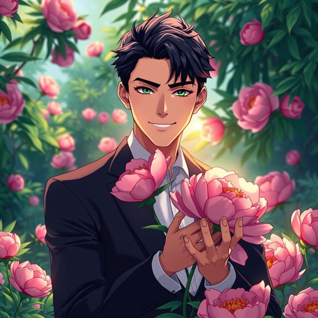 Chiseled Gentleman Surrounded by Lush Peonies in a Vibrant A...
