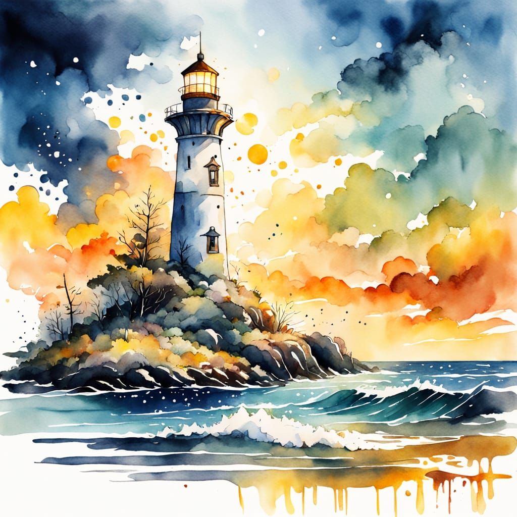 Mystical Lighthouse Watercolor Sketch in a Dreamy Landscape