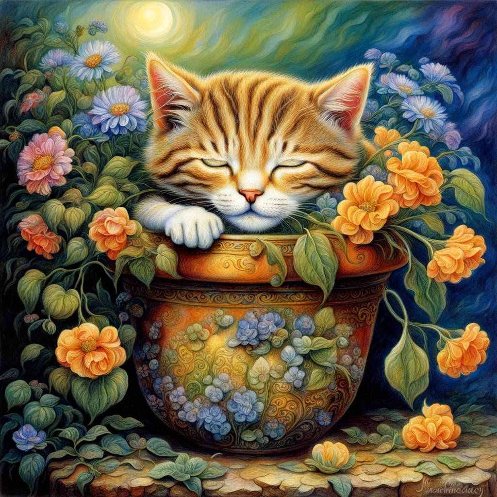 Kitten Nap in Flower Pot: Fantasy Art