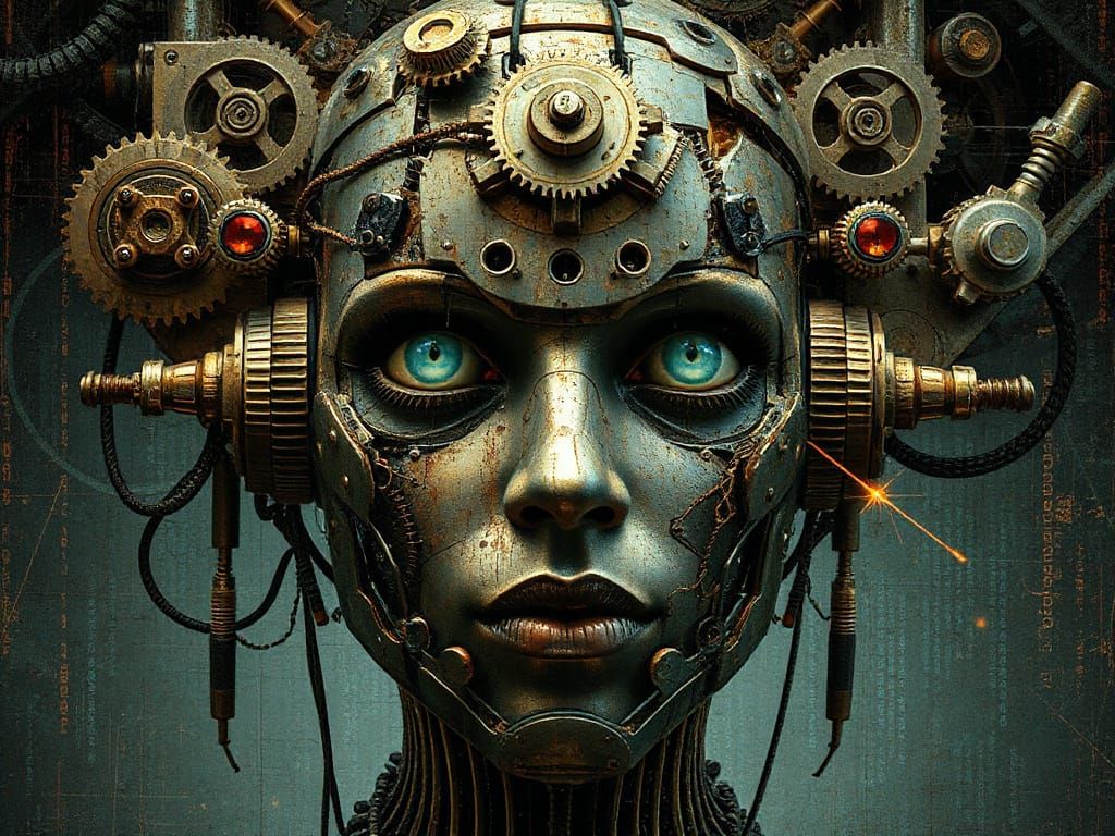 Steampunk Automaton Glitch Portrait in Art Deco Style