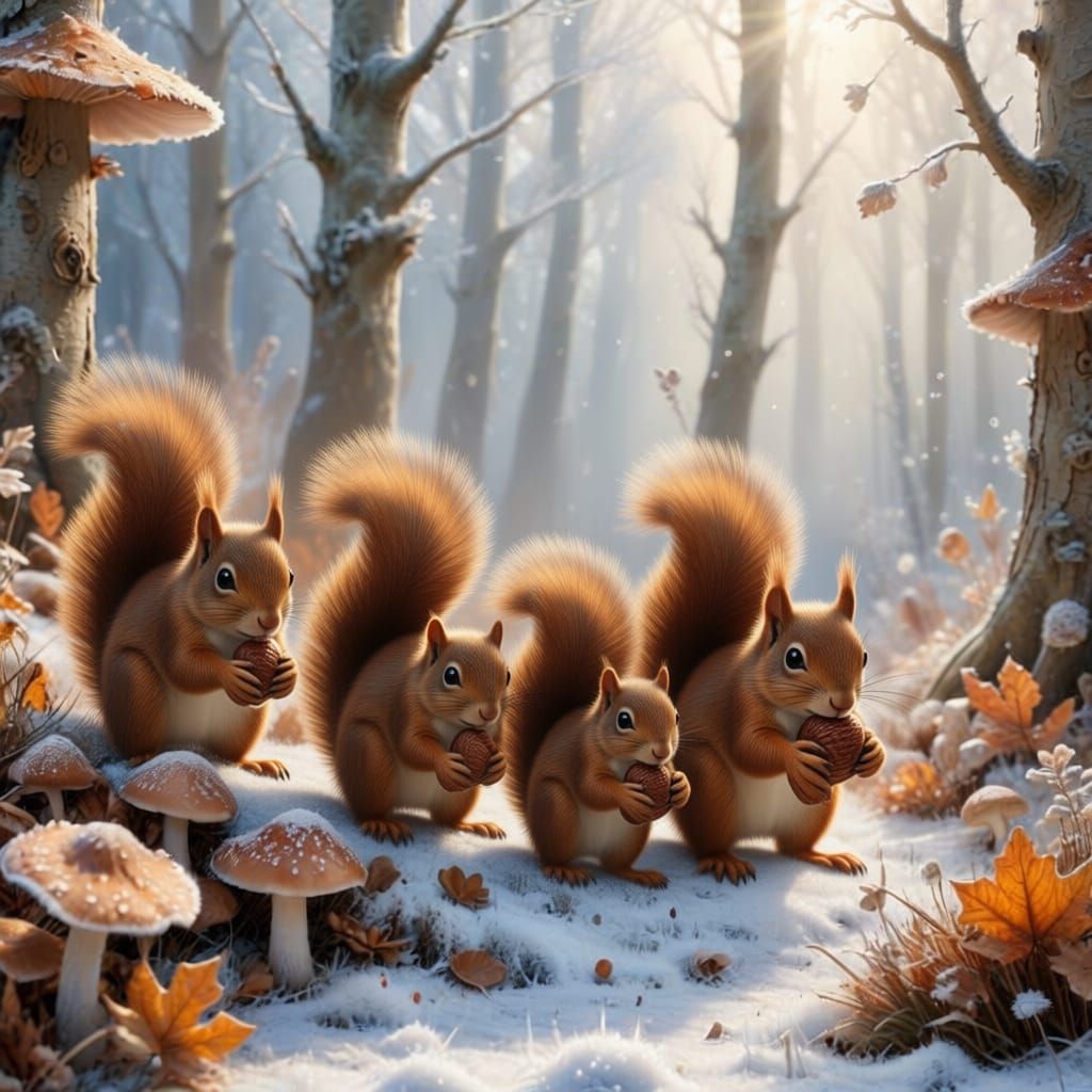 Squirrels Stash Nuts in Snowy Forest Landscape