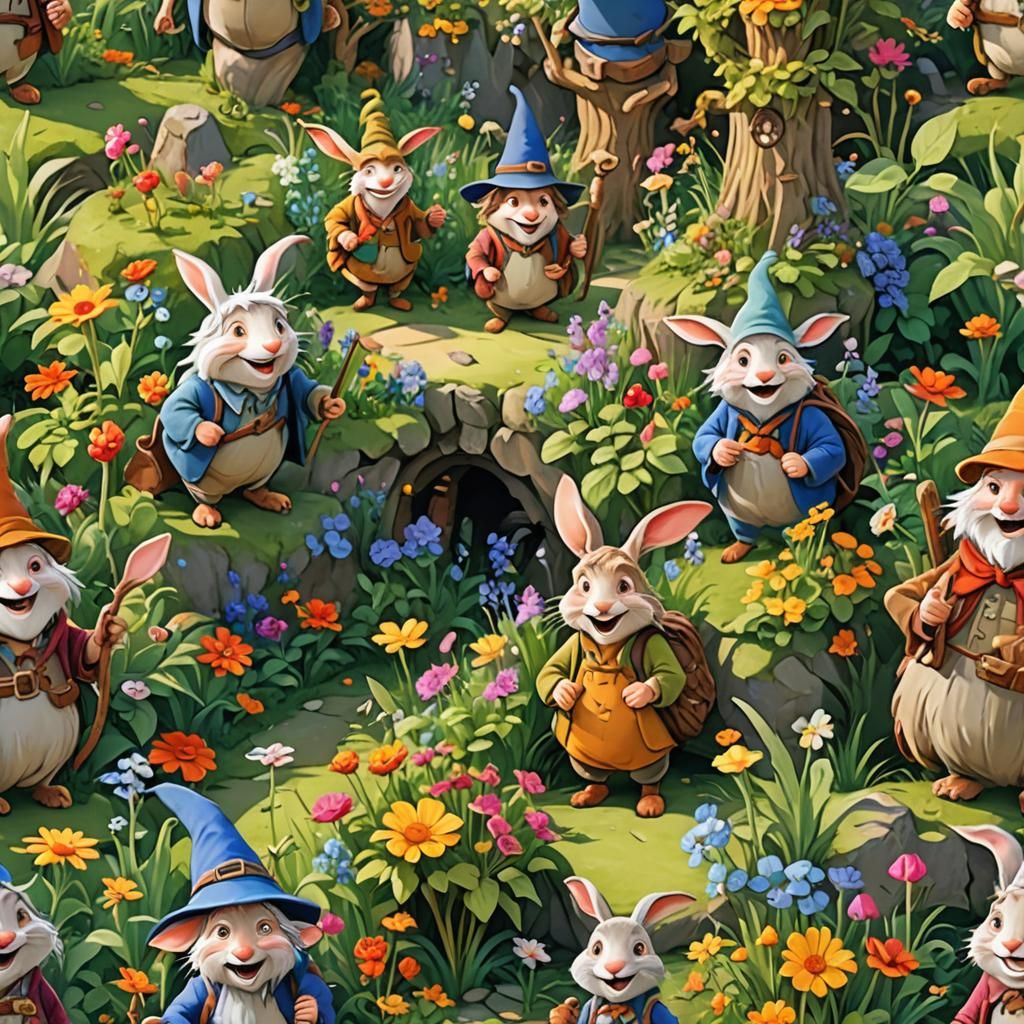 Whimsical Cartoon Scene with Rabbits and Hobbits