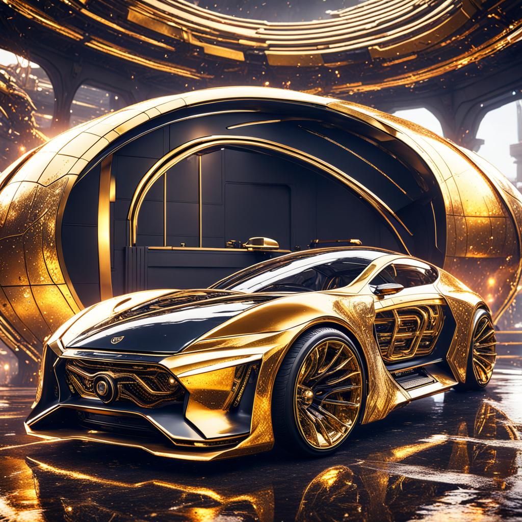 Futuristic Golden Car in Space Art