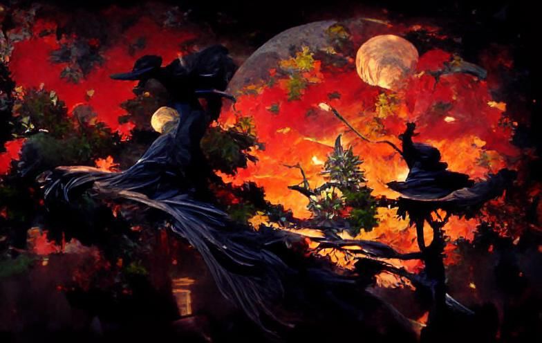 Witch Silhouette Flying on Cosmic Autumn Night