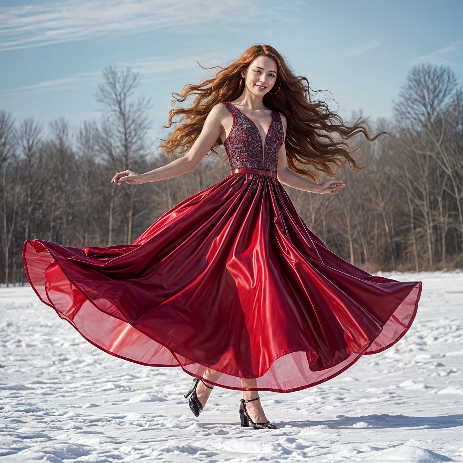 Woman with Red Hair Dancing in Snow