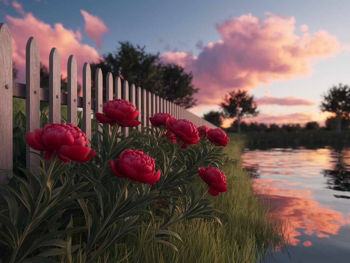 Sunset Landscape with Peonies in Bloom