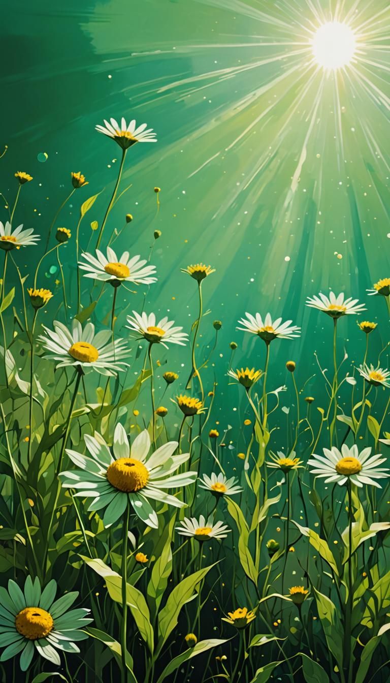 Cosmic Sunlit Green: Abstract Surreal Floral Art