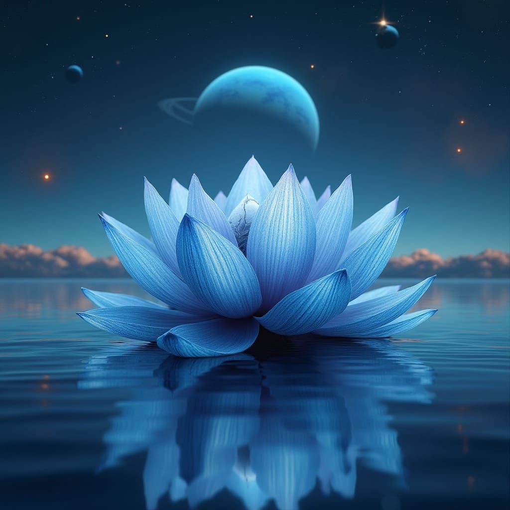 Cosmic Lotus Blooms in Liquid Metal Expanse