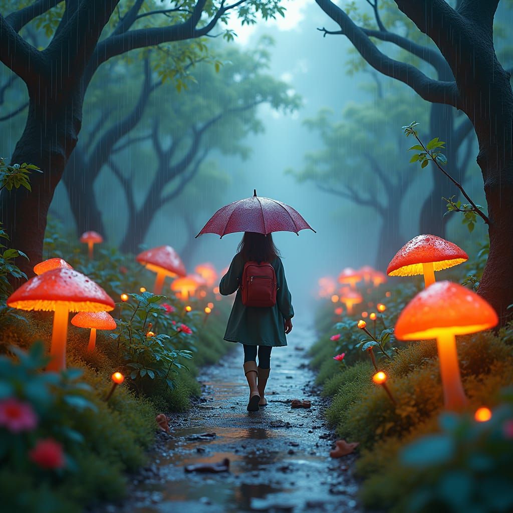 Whimsical Traveler in a Glowing Rain Forest