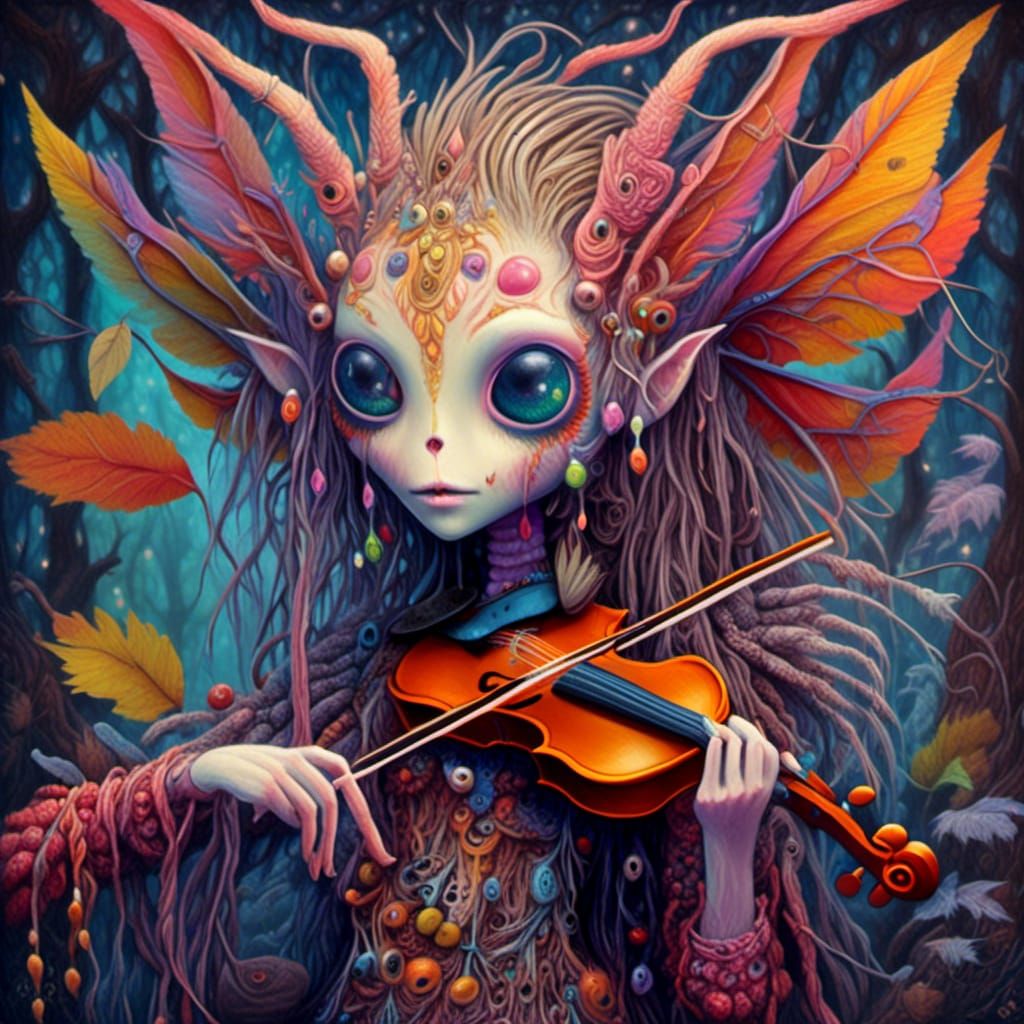 Whimsical Demon Playing Violin in Mystical Forest