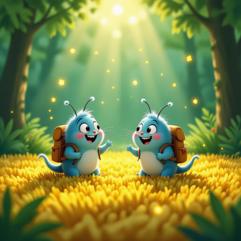 Whimsical Bacteria Explore a Forest-Like Rug in Storybook St...