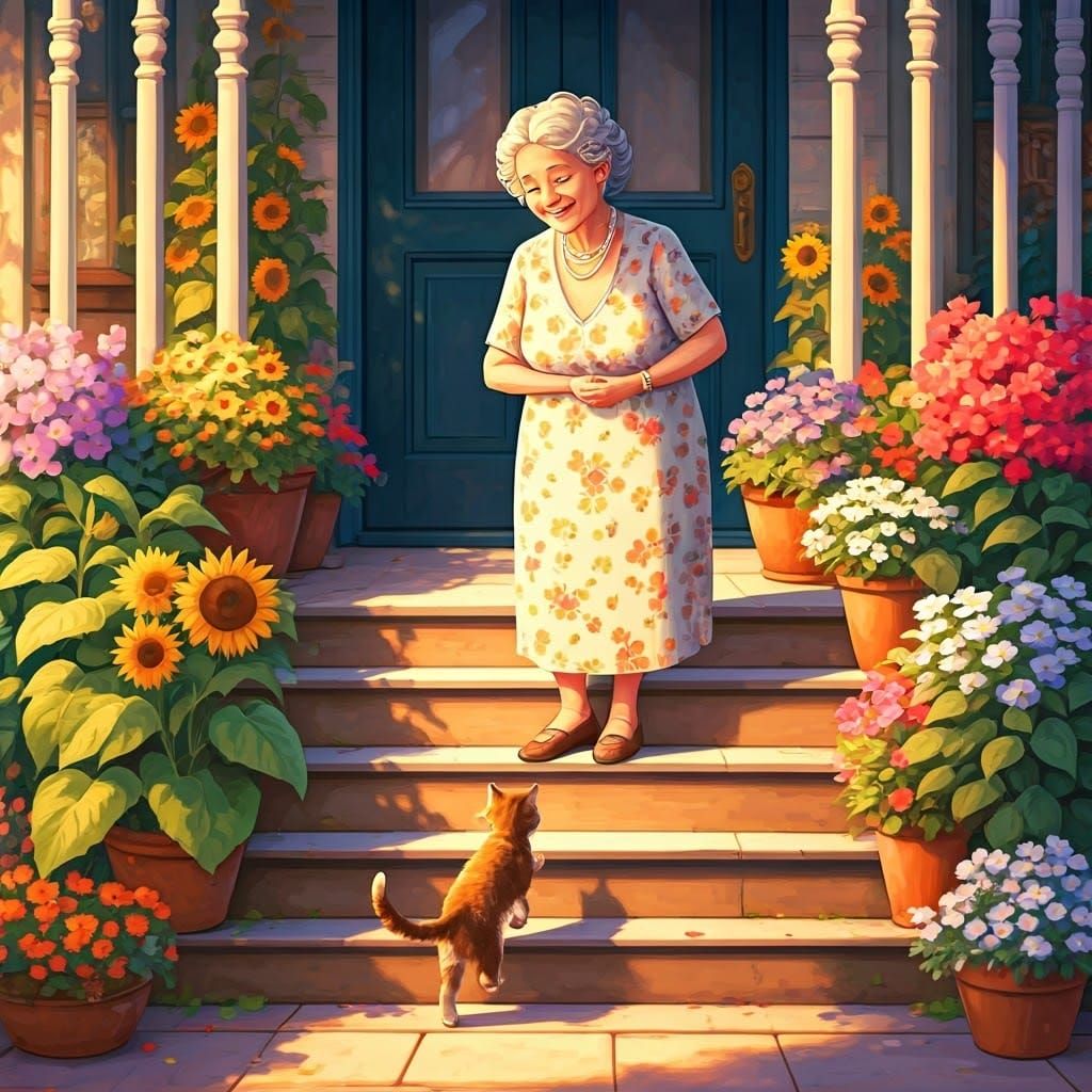 Charming Old Lady Welcomes Kitten on Veranda