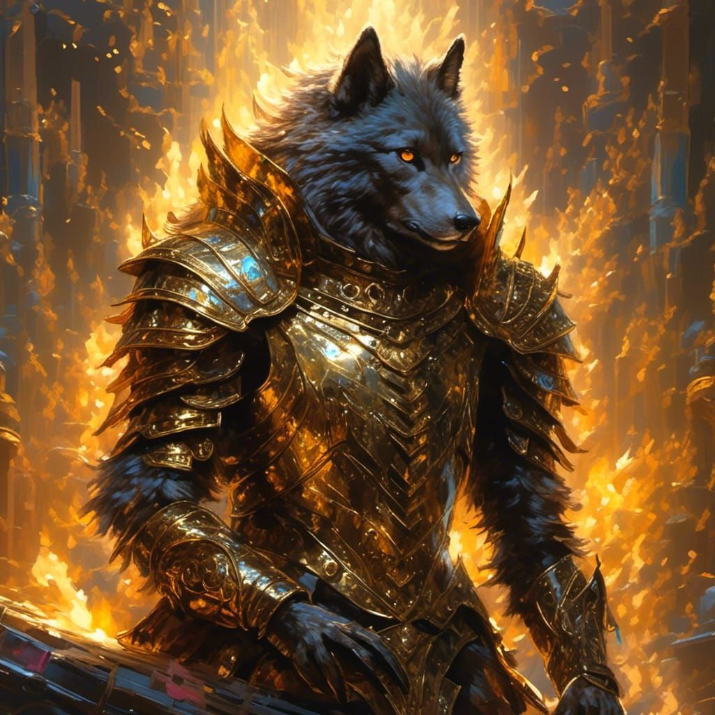 Black Wolf in Gold Armor Surrounded by Fire