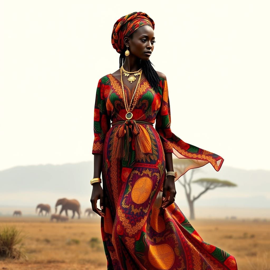 African Woman in Savannah Dress, Double Exposure Art