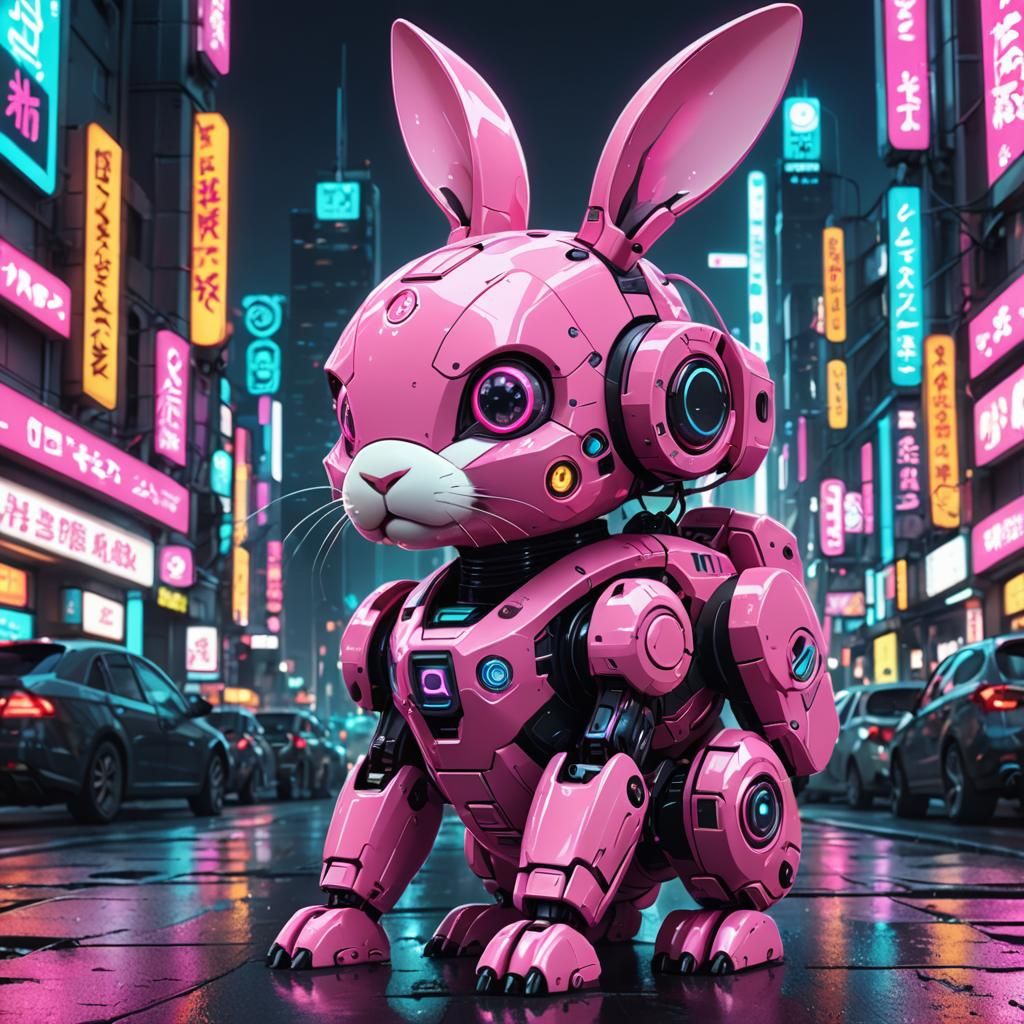 pink Robo-Cyborg bunny cute pet in a retro-futuristic neon c...
