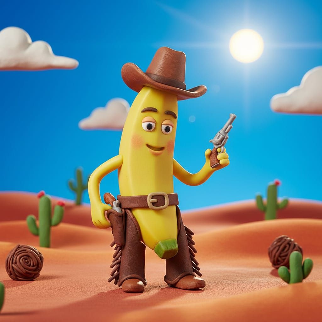 Claymation Banana Cowboy in Desert Landscape