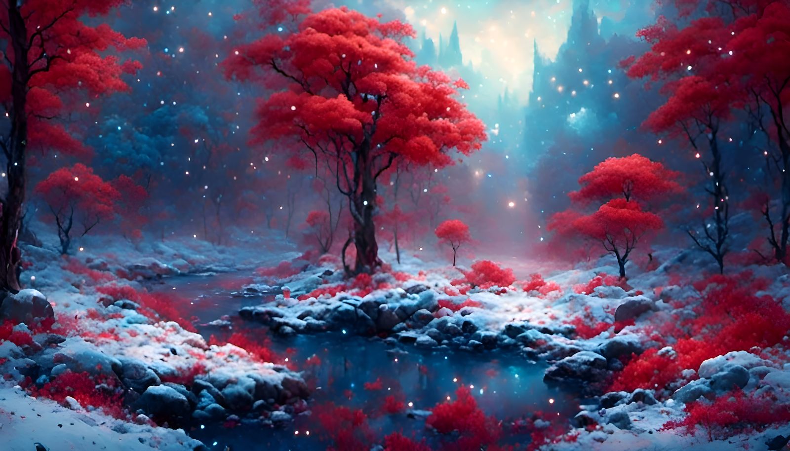 Fantastical Red and Blue Forest Welcomes First Snow