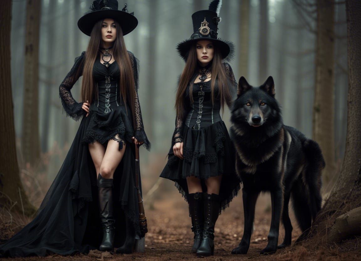 Steampunk Witch and Wolf in Forest