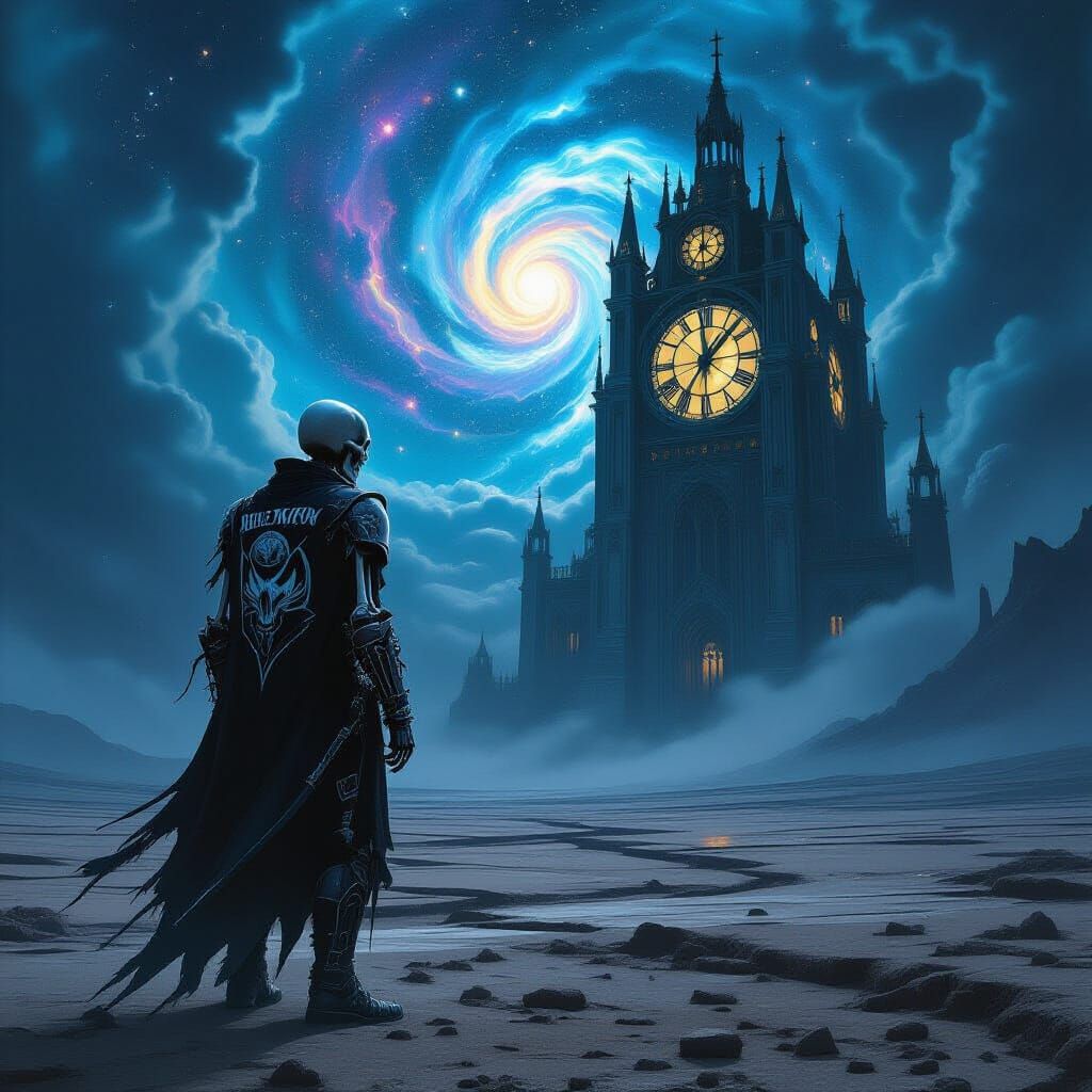 Skeletal Figure Before Clockwork Vault in Starry Sky