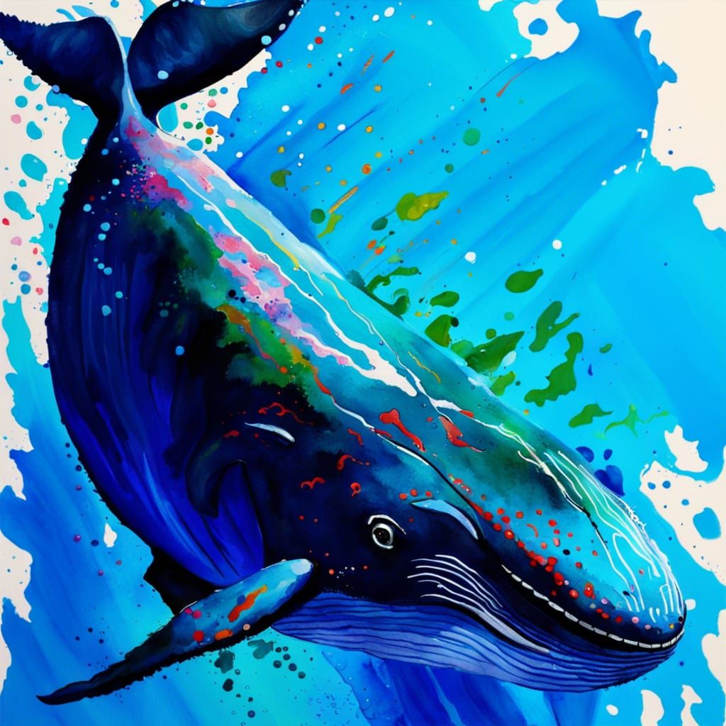 Vibrant Blue Whale Watercolor Painting in Gouache Style