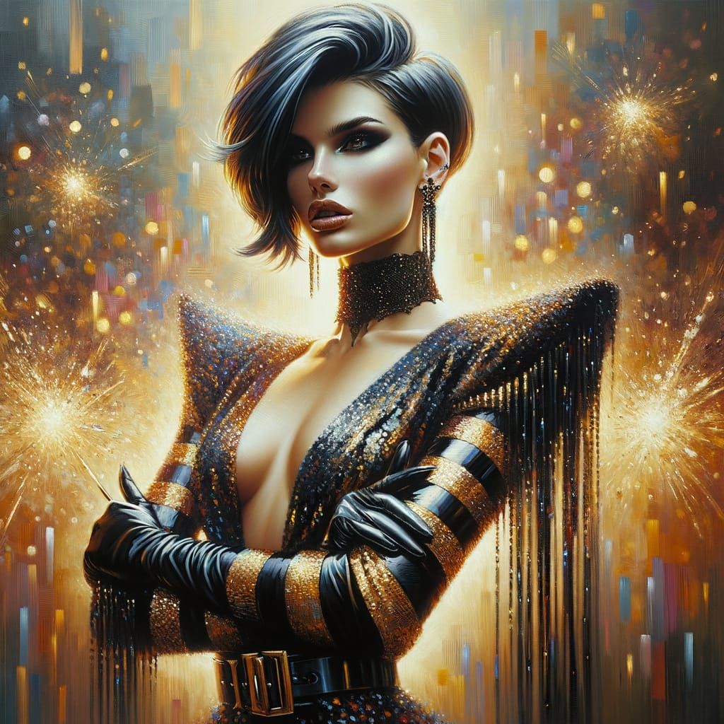Glamorous Gothic Woman at Festival in Oil Painting Style