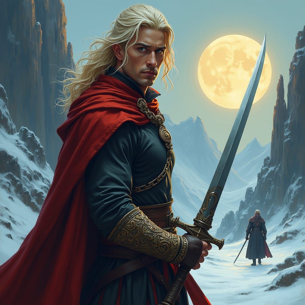 Suave Swordsman with Rune Sword in Winter Landscape