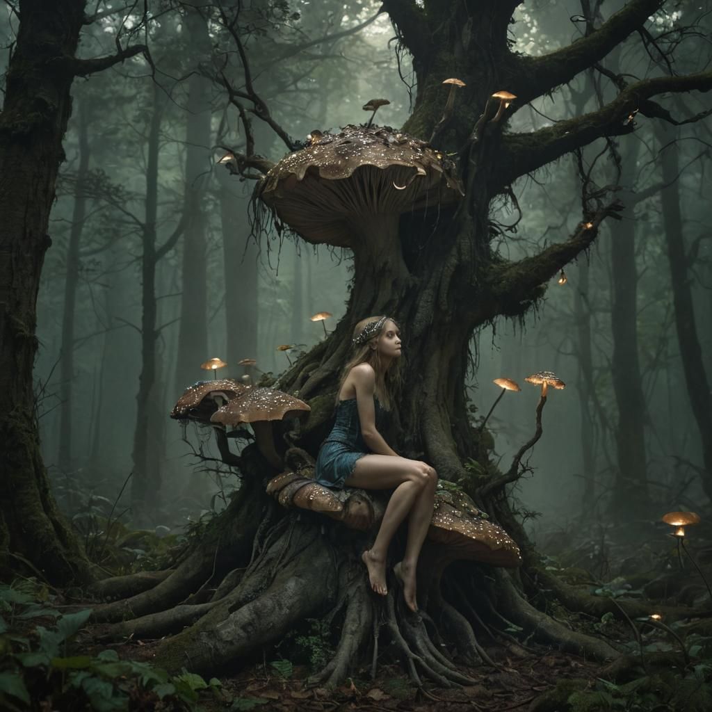 Sorrowful Fairy in Mystical Forest, Dark Fantasy Art