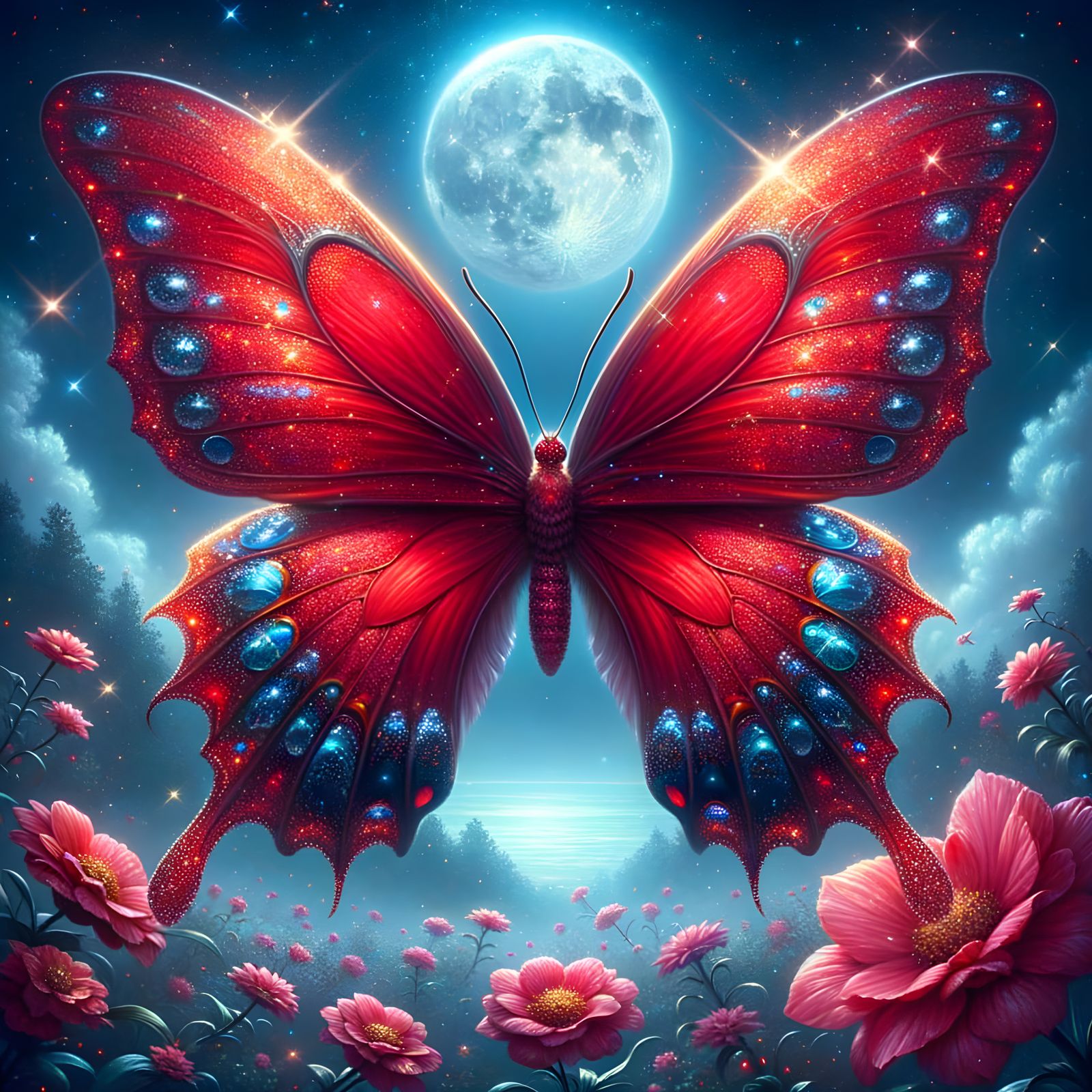 Ethereal Butterfly on a Flower Under Full Moonlight