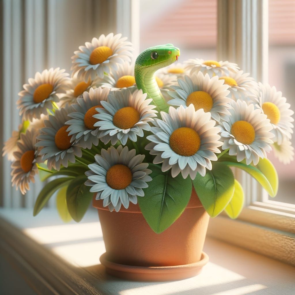 Green Snake Peeks Out From Daisies