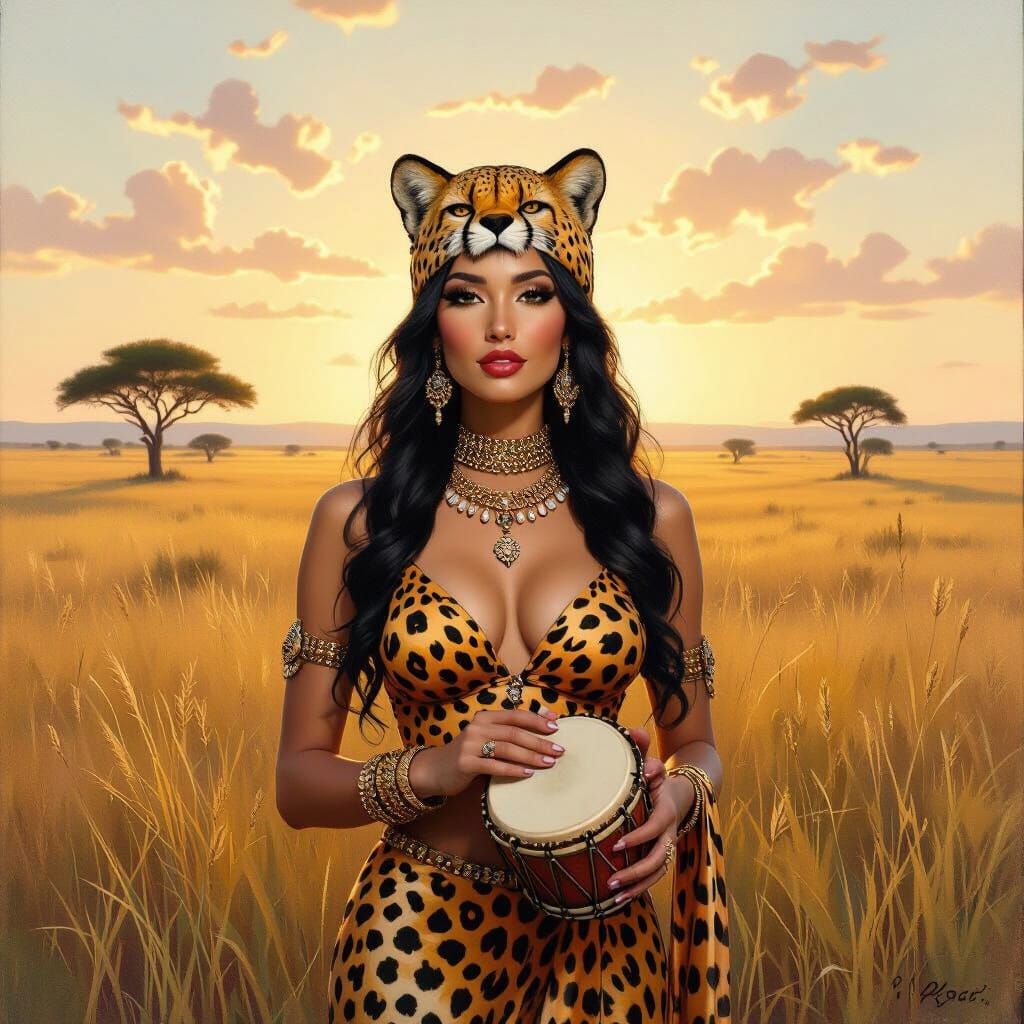 Alluring Woman with Cheetah Features in Golden Hour Grasslan...