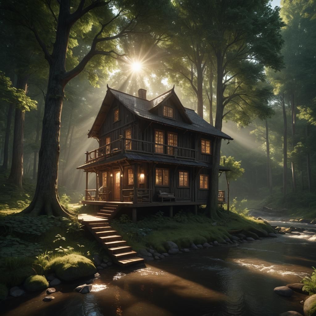 Magical Forest House on a Sunny Morning