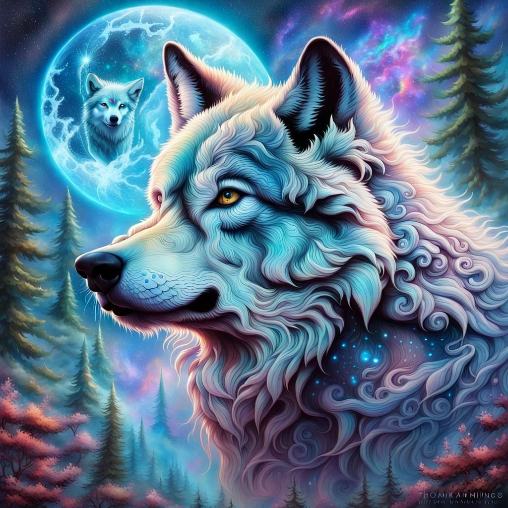 Holographic Astral Wolf Illustration in Mixed Media