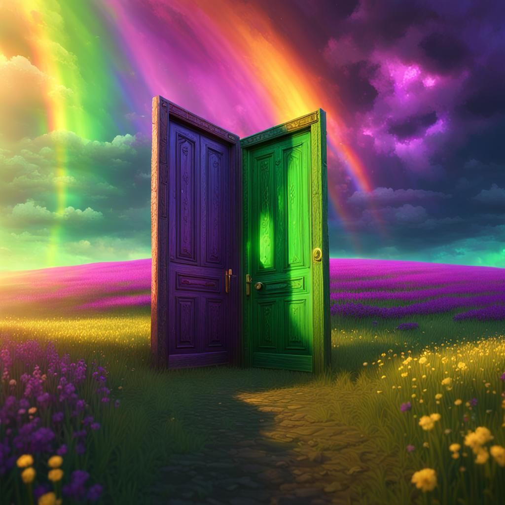 Glowing Rainbow Door in a Bright Green Field