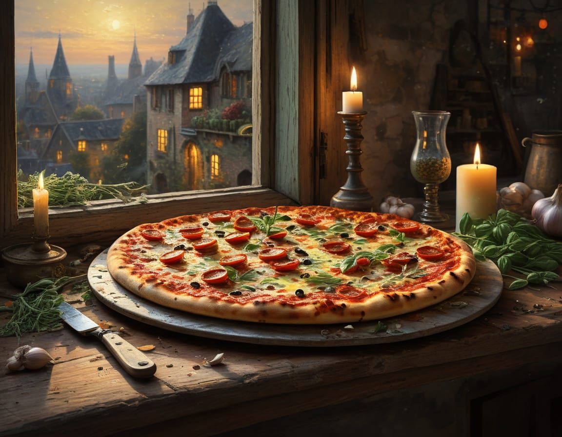 Magical Pizza Still Life in Impressionist Style