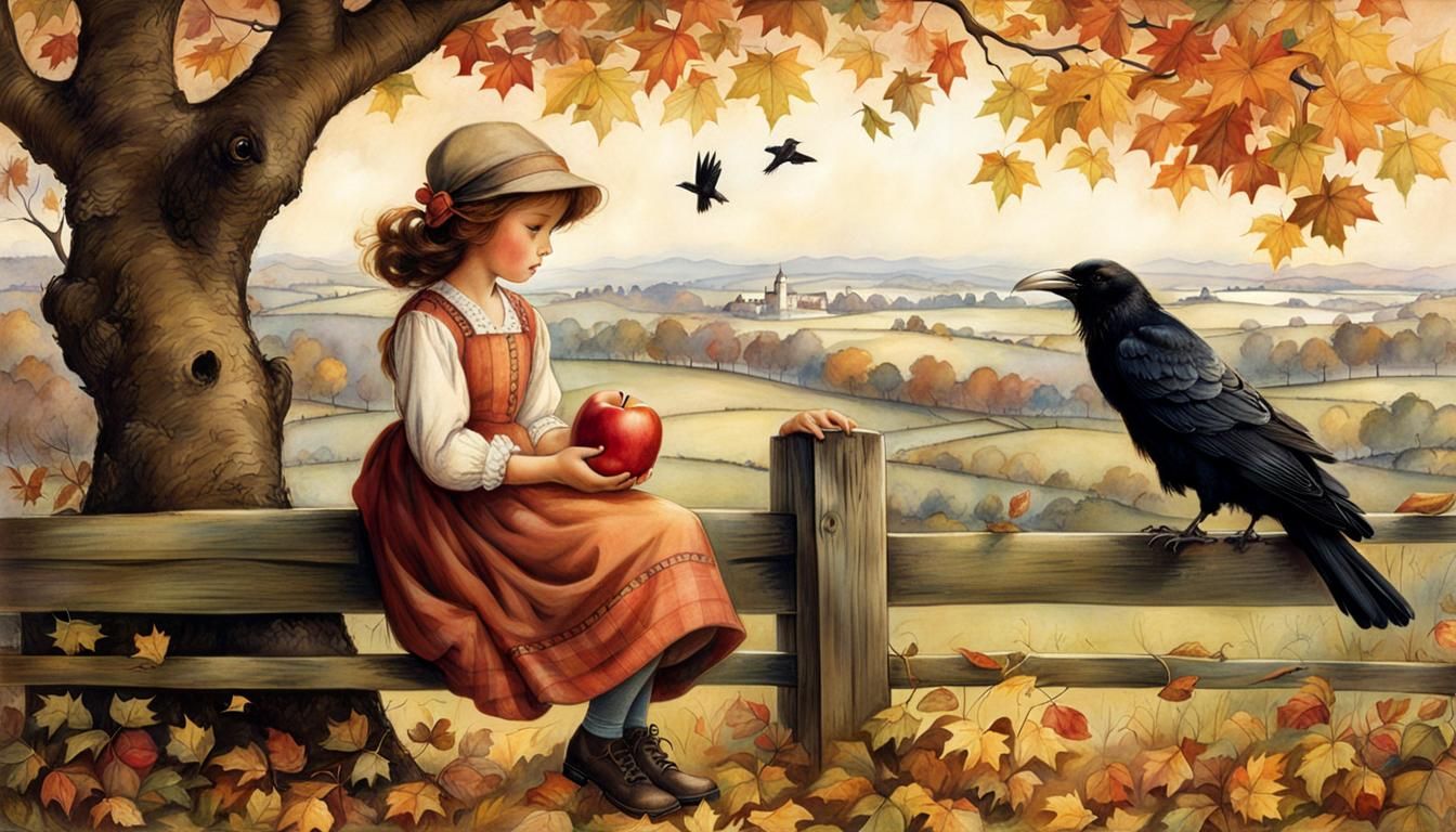 Girl, Raven, Apple, Autumn Scene: Vintage Illustration